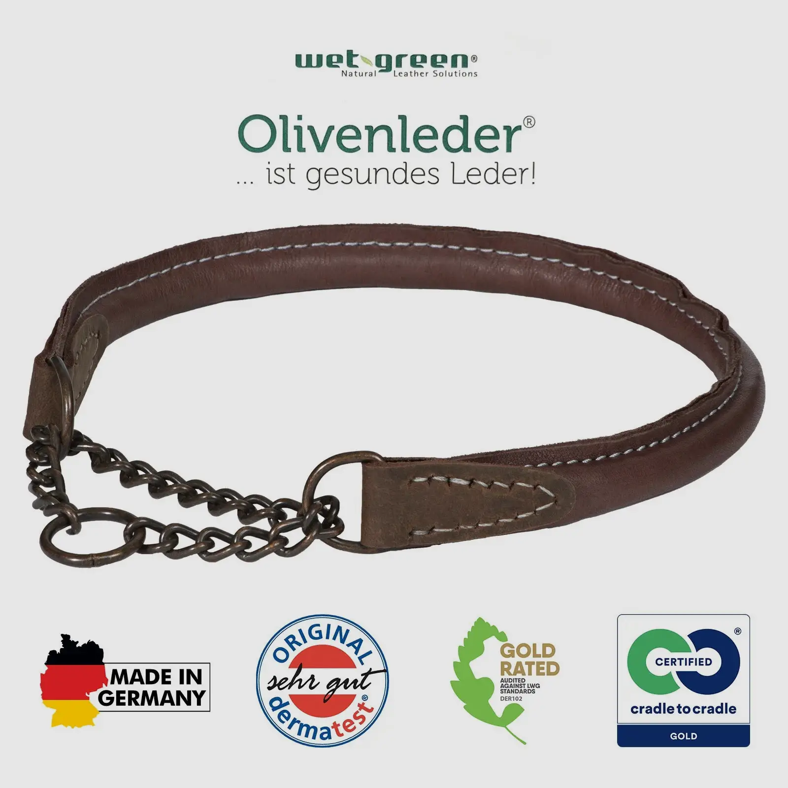 AKAH Collar made of Olive Leather, Round Stitched