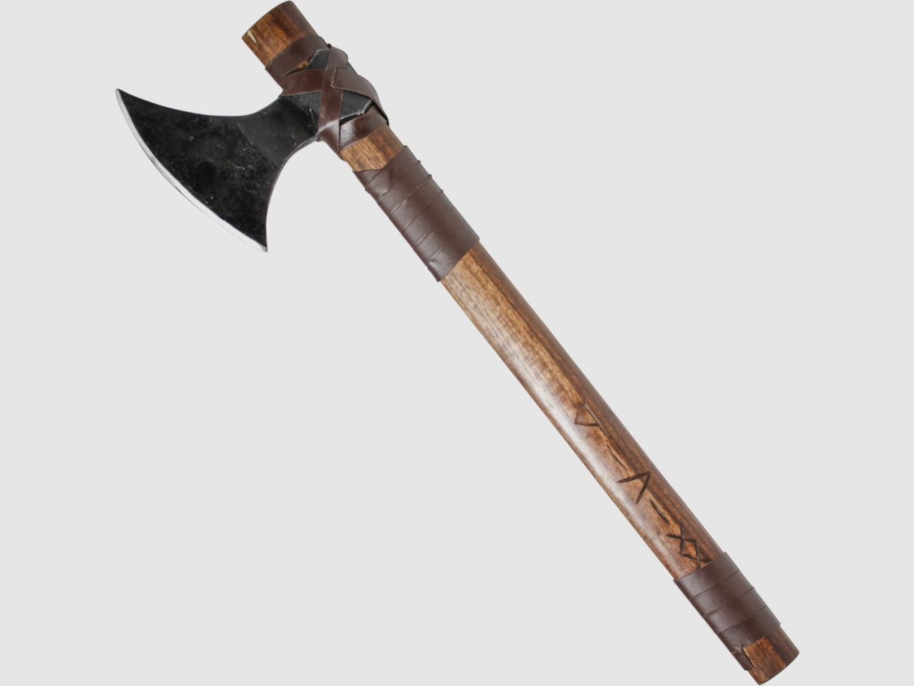 small Viking axe with leather wrapping and runes on the handle