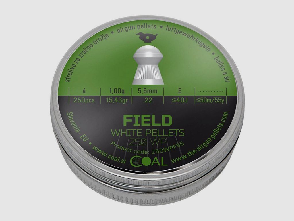 Coal White Pellets Field Diabolols, Rundkopf, geriffelt, 1,00 g, Kaliber 5,50 mm, 250 StĂĽck