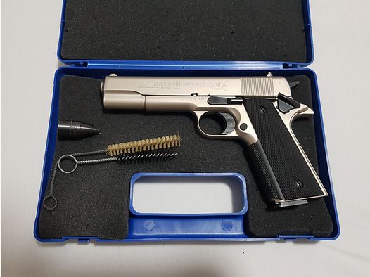 Original Colt Government 1911 A1 Schreckschuss Pistole 9mm PAK vernickelt inkl. Original Colt Koffer schwarzer Griff  317.02.33
