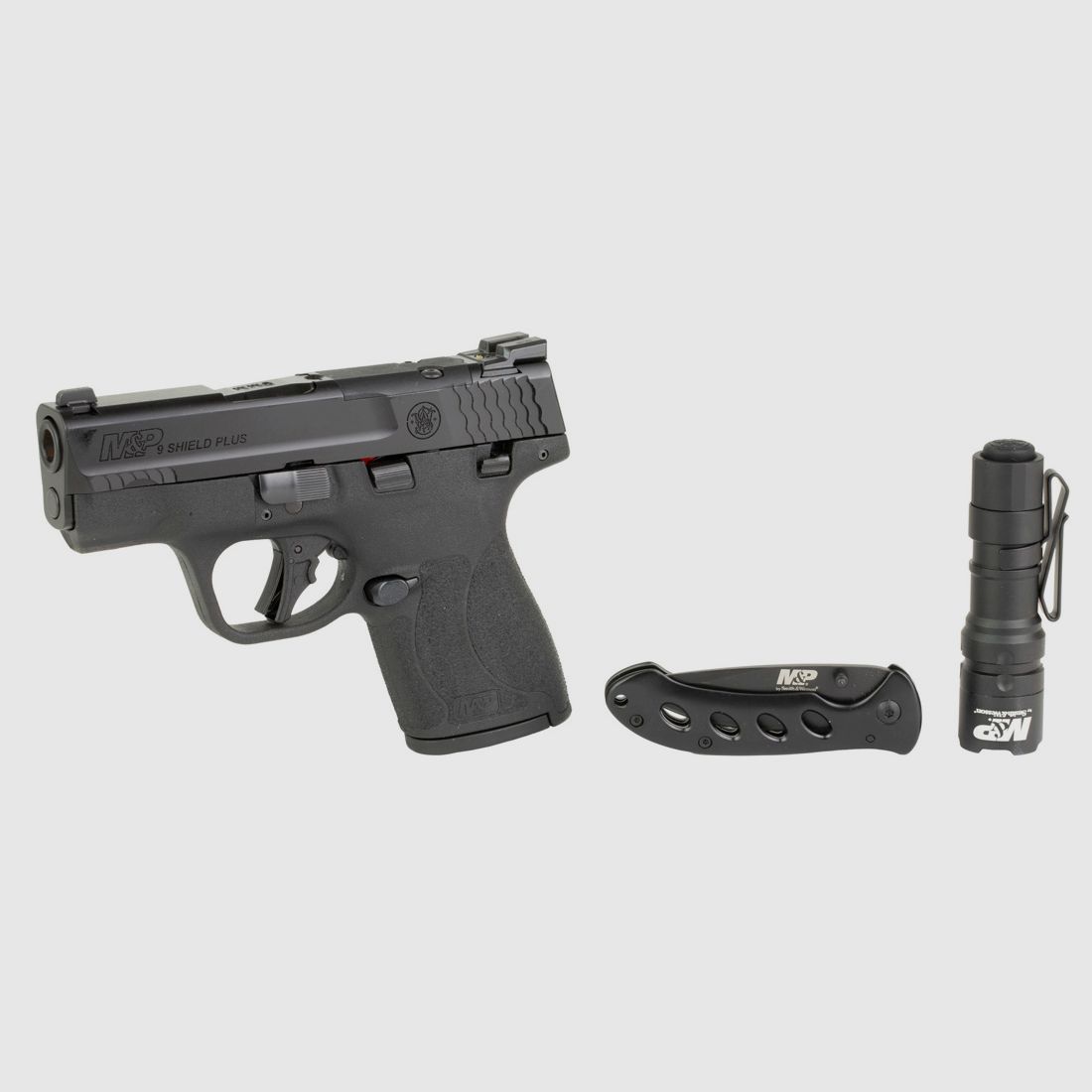 Pistola Smith & Wesson M&P9 Shield Plus 3.1′ 9x19mm OR Set con Fondina, Torcia e Coltello, immagine 2 di 2