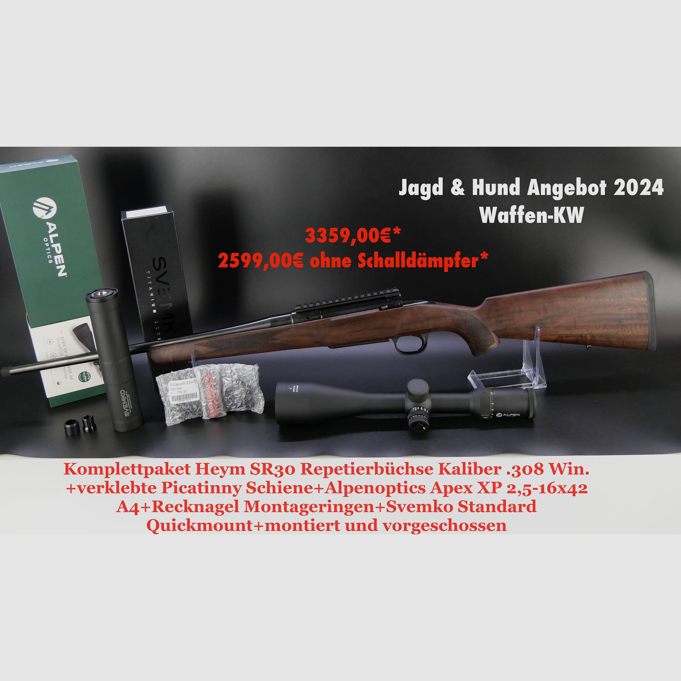 Jagd und Hund 2024 Komplettpaket Heym SR30 Repetierbüchse 308 Win. + Zielfernrohr+Schalldämpfer