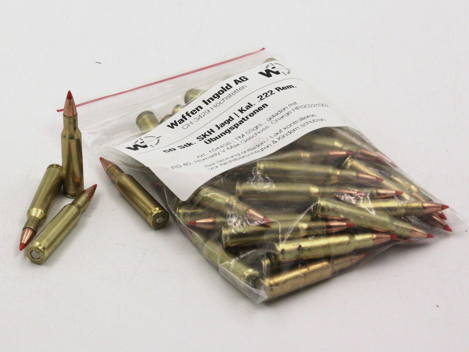 SKH Jagd, Kal. 222 Rem. Übungspatrone, TM, 55 gr., 50 Stk. (Hornady V-Max Geschoss)