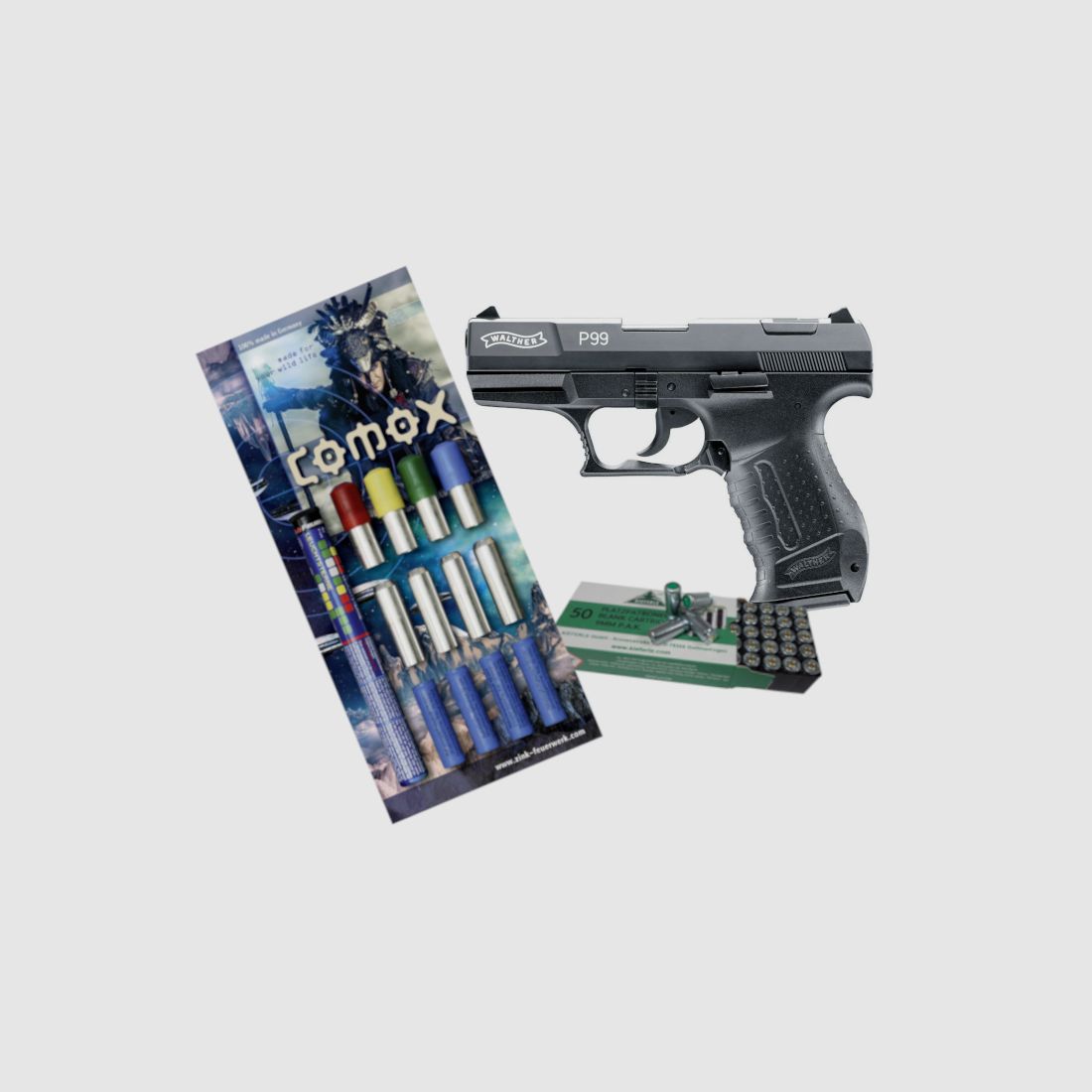 P99 Walther Kal. 9 mm P.A.K. mit 50 Schuss Platzpatronen und 22 tlg. Pyromunition im Set