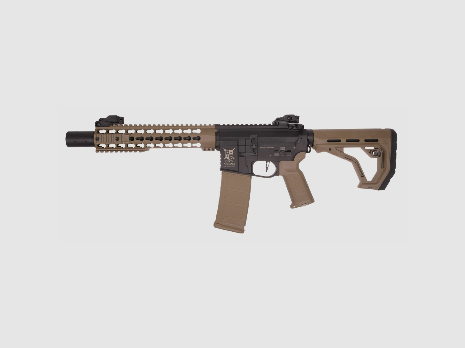 AR15 KeyMod 10 pulgadas PREDATOR CHARLIE EAGLE ETU Tan/Negro S-AEG Rifle Airsoft Libre a partir de 18 años | Delta Armory