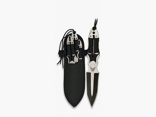 3x Cuchillo de lanzamiento 17cm "Calavera" con envoltura de hoja Tanto y estuche
