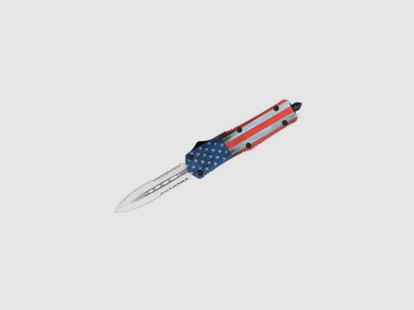 CobraTec Medium FS-3 American Flag OTF Nóż Automatyczny z Ostrzem Sztyletowym i Podwójnym Ząbkowaniem, zdjęcie 9 z 10