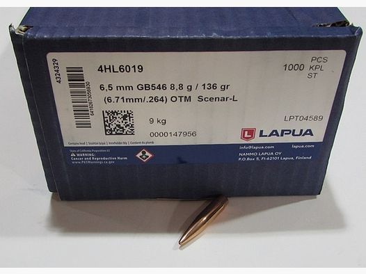 Lot 100 bullets Lapua cal 6.5mm 0.264 HPBT Scenar L in 136 grains