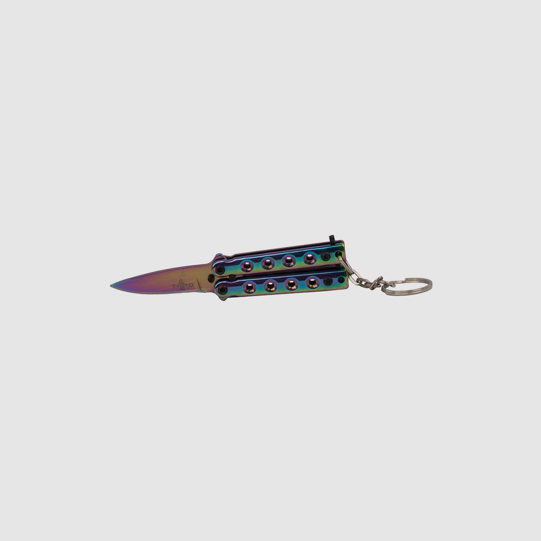 SchlĂĽsselanhĂ¤nger Mini Butterfly Messer Stahl KlingenlĂ¤nge 40 mm rainbow mit SchlĂĽsselring und Kette