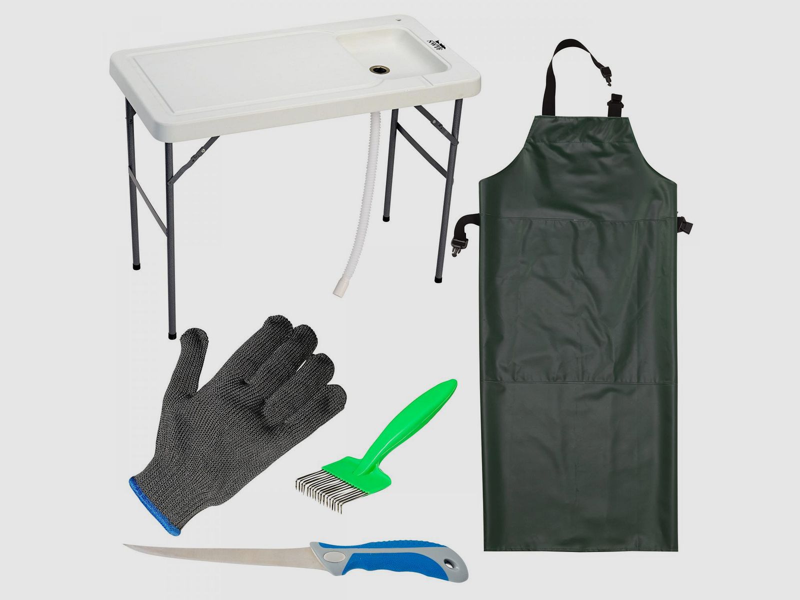 Set: Filetier-Tisch, PVC Schürze, Filetiermesser, Grätenkamm + Filetierhandschuh