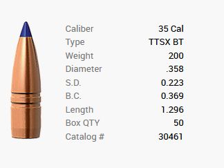 Barnes bullet .35/.358 200GR Tipped TSX Spitzer BT 50 pieces