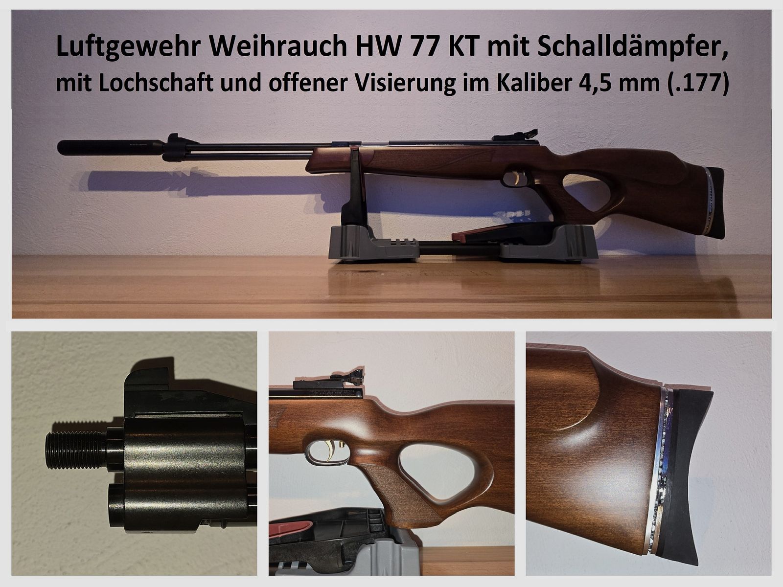 Luftgewehr Weihrauch HW 77 KT / HW77 KT mit Schalldämpfer, Lochschaft und offener Visierung im Kaliber 4,5 mm ( Starrlauf / Unterhebelspanner )