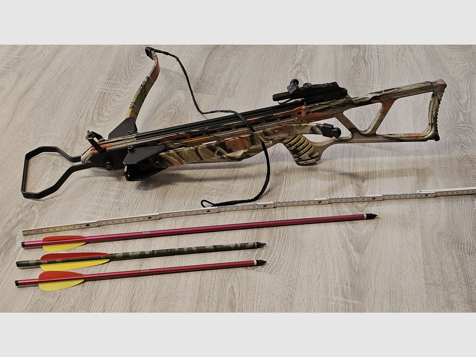 Recurve crossbow double set: 2x Skeleton Hunter 120 lbs (Camo & Black) foldable, 45 bolts, spare string