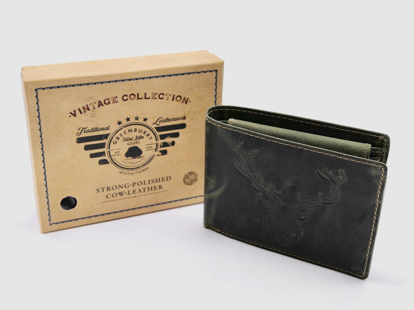 Greenburry Leder Geldbörse olive Vintage Animal Collection Royal Stag Hirsch 1705-rs-30