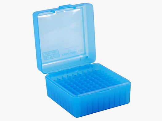 Caja de cartuchos MTM RS-100-24 azul transparente con tapa abatible para 100 cartuchos .223 y otros.
