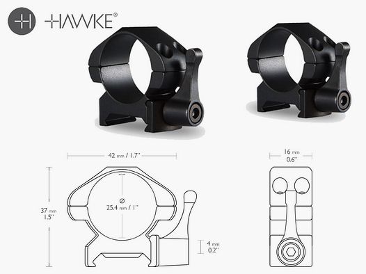 HAWKE Zielfernrohrmontage Stahl, fĂĽr Weaverschiene, 1 Zoll Durchmesser, flach, Schnellverschluss