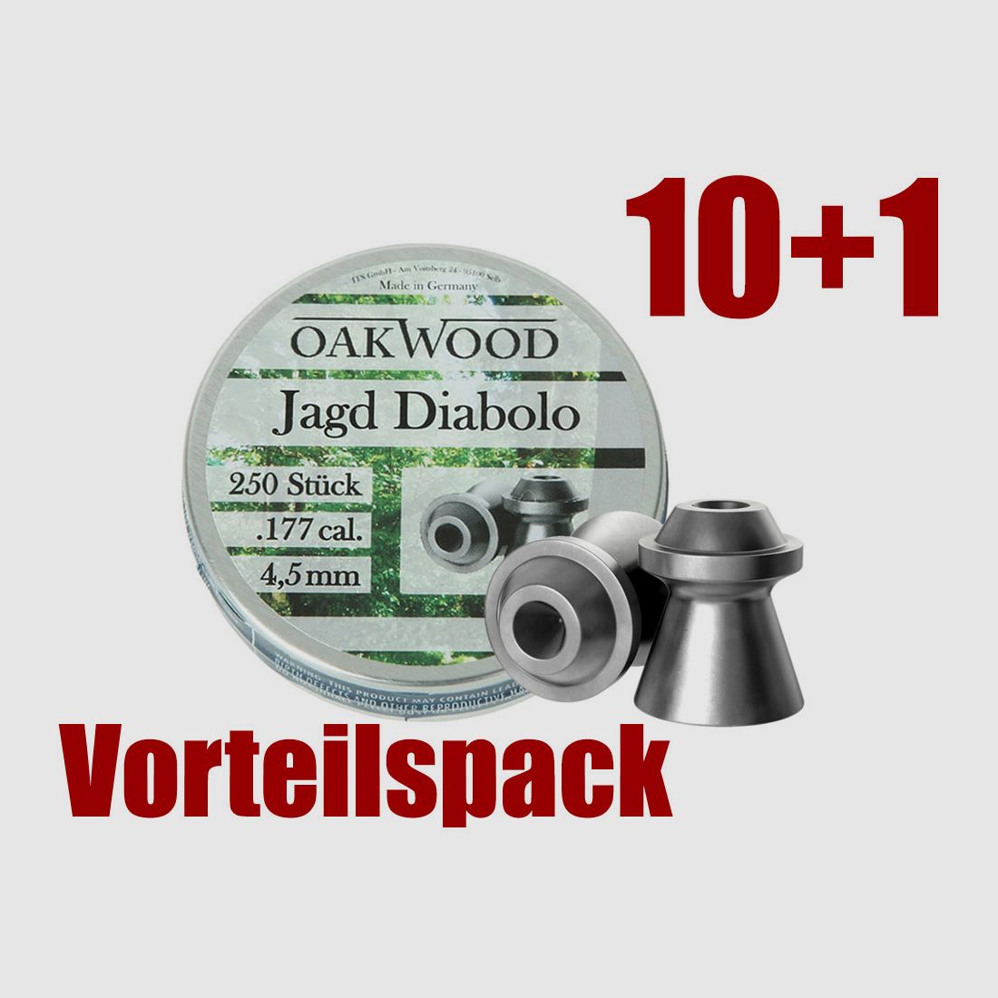 Vorteilspack 10+1 Hohlspitz Diabolos Oakwood Jagd Kaliber 4,5 mm 0,46 g glatt 11 x 250 StĂĽck