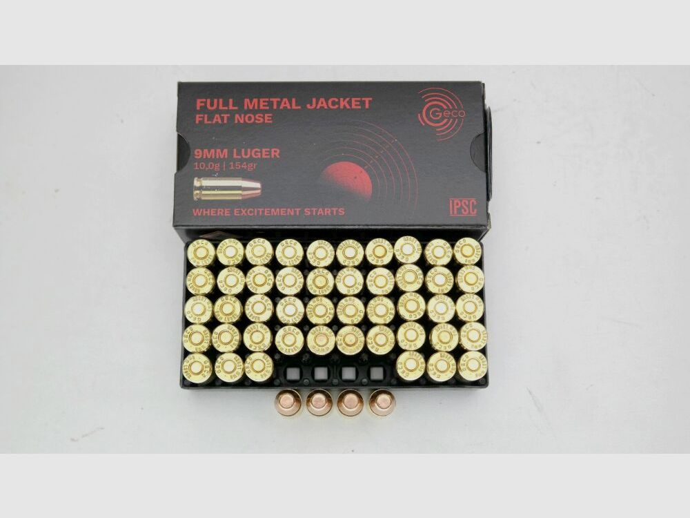 1000 cartouches Geco 154gr. à tête plate full metal - 9mm Para 9mm Luger