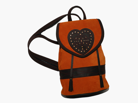 BOLSO PARA SEÑORA EN CUERO AFELPADO MANDARINA CON REMATES EN CUERO ENGRASADO OSCURO