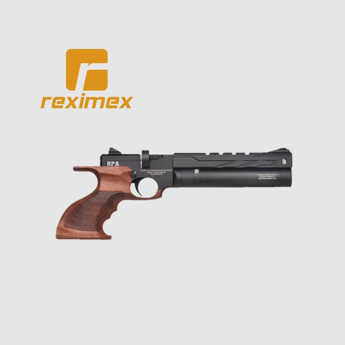 PCP-Pistole Reximex RPA Kaliber 4,50 mm. Holz und schwarz. 10 Joule. Ohne Schaft.