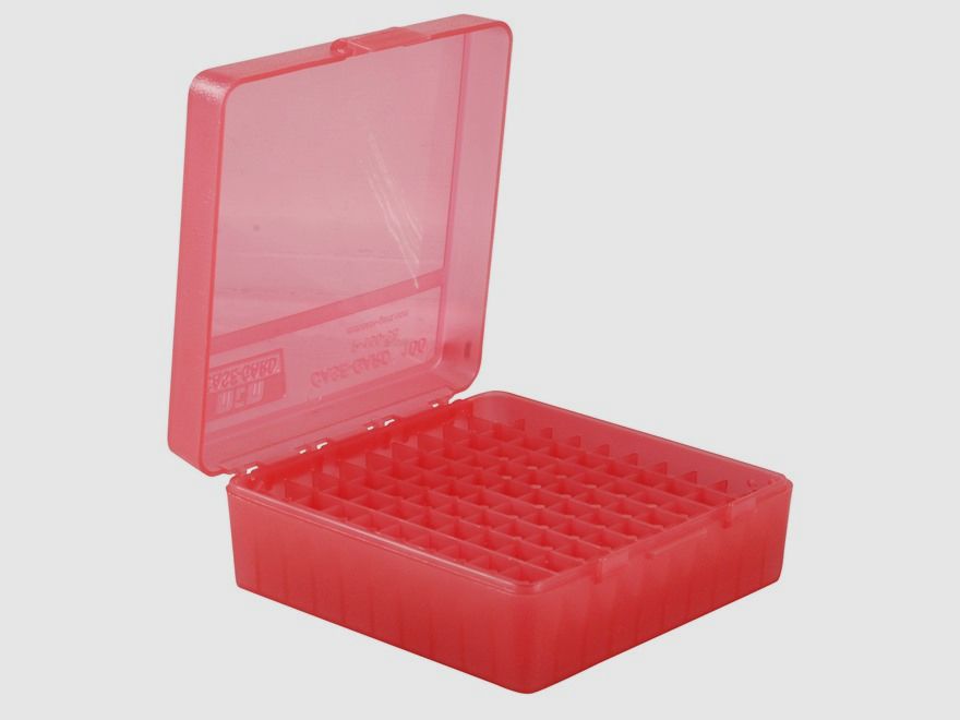MTM scatola per cartucce P-100-3-29 rossa trasparente con coperchio a ribalta per 100 cartucce .38/.357 e altre.