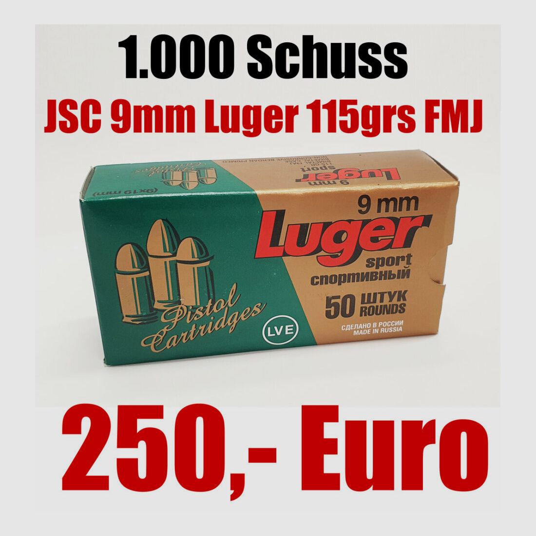 JSC "NOVOSIBIRSK CARTRIDGE PLANT" & LVE "LOW-VOLTAGE EQUIPMENT CO" Munition JSC 9mm Luger FMJ 115grs Sport-/ Trainingsmunition "extra Soft" 1.000 Schuss