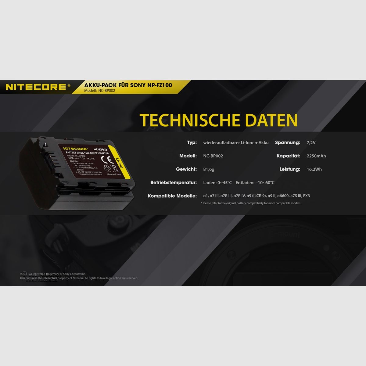 Batteria per fotocamera Nitecore NP-FZ100 per Sony, immagine 3 di 3