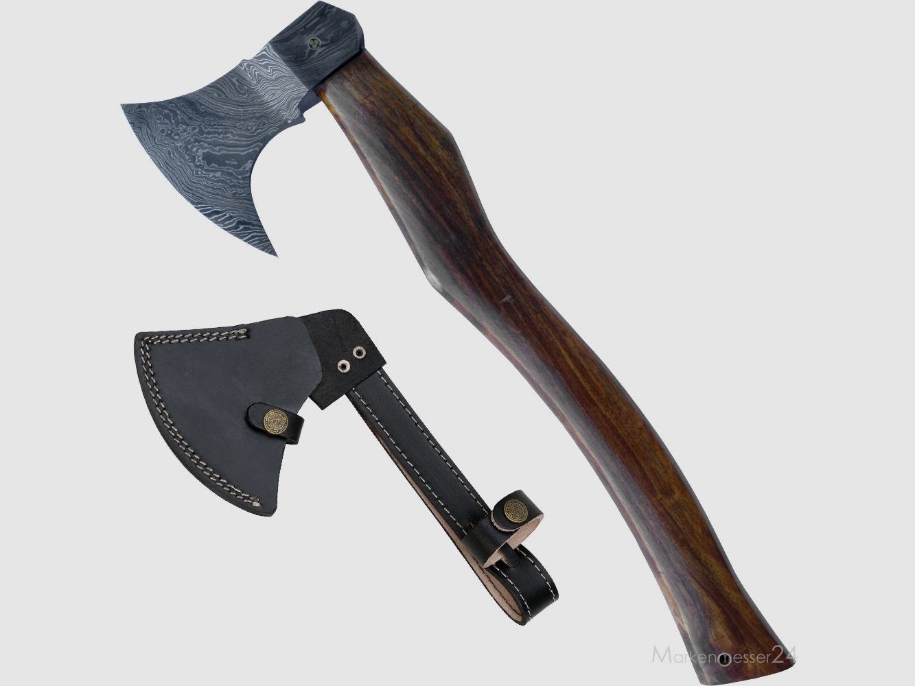 Damast Axt mit geschwungenem Holzgriff, Axtblatt mit Lederscheide