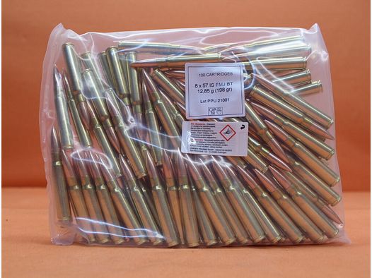 PPU Prvi Partizan Patrone 8x57JS Prvi Partizan 198grs FMJ-BT (A-213B) VE 100 Patronen (Bulk-Pack)/ 12,85g Vollmantel-Torpedoheck