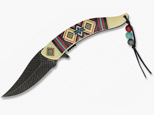 couteau de poche décoré avec design de plume d'indien et bande de perles