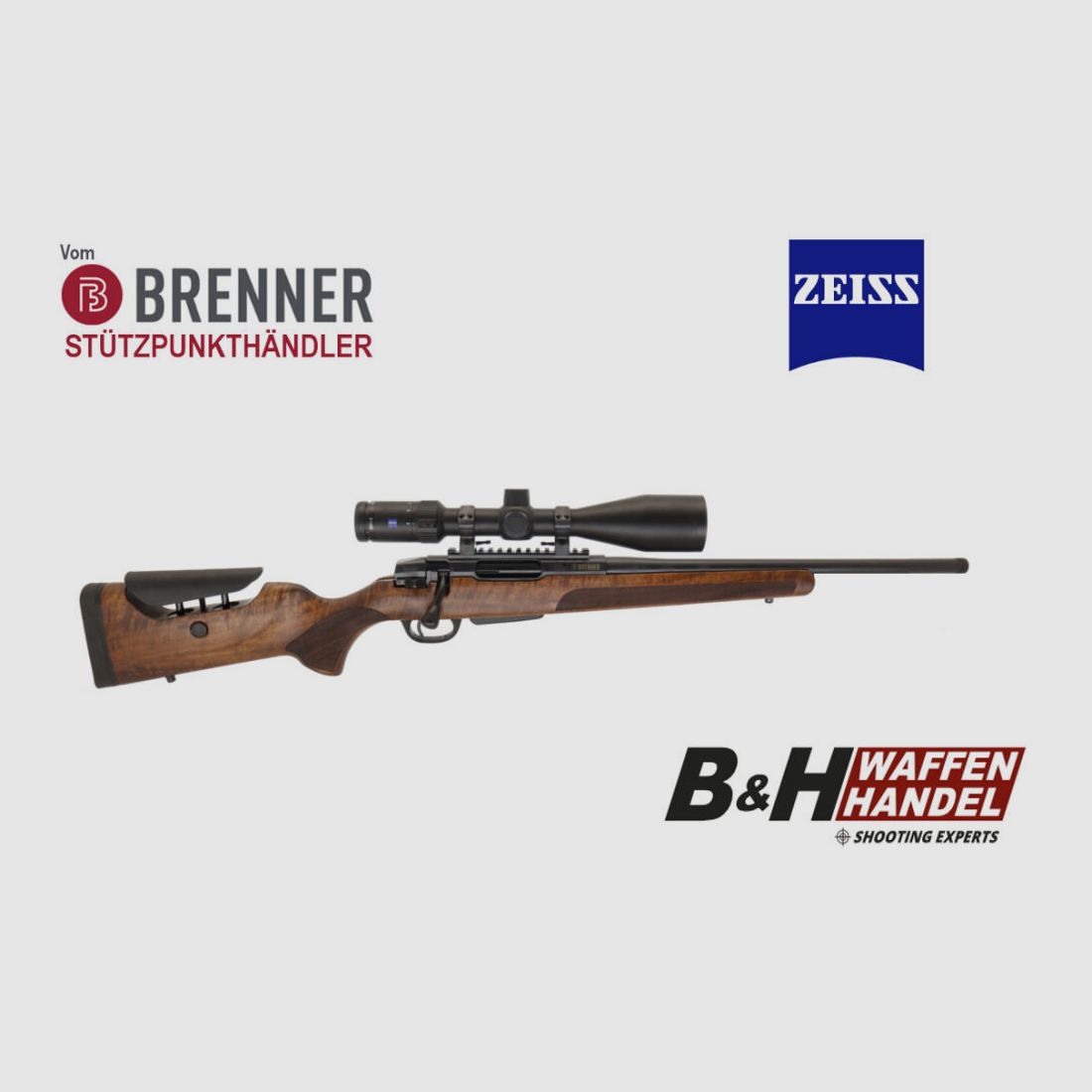 Brenner Komplettpaket: BR20 L.E. (Nussbaum, verstellbarer Schaftrücken) mit Zeiss V4 3-12x56