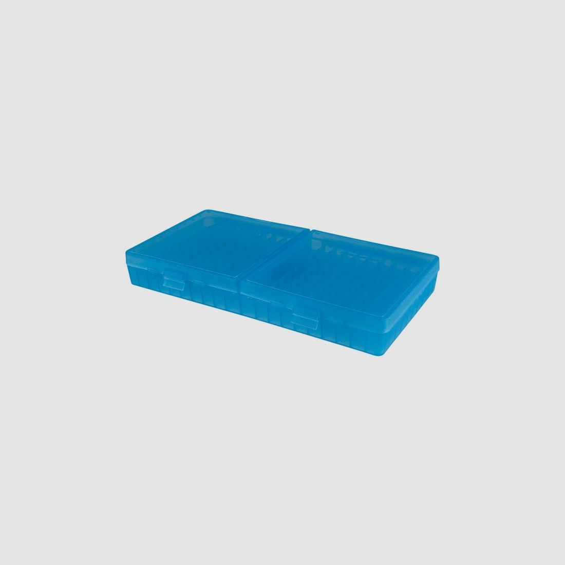 MTM scatola per cartucce P-200-45-24 blu trasparente con coperchio a ribalta per 200 cartucce .45 ACP e altre.