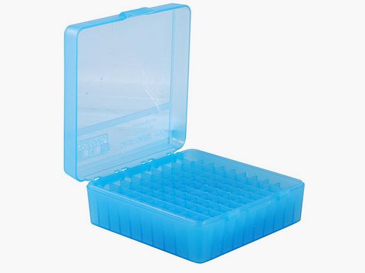 MTM cartridge box P-100-3-24 blue clear with flip lid for 100 cartridges .38/.357 and others.