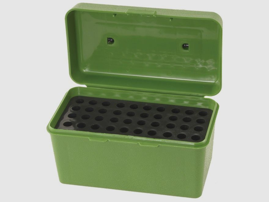 MTM Deluxe cartridge box H50-RS-10 green with flip lid and carrying handle for 50 cartridges .17 and below.