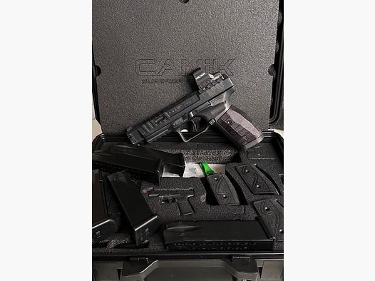 Canik SFx Rival‑S met LOK Alu‑gripplaten, 5 magazijnen, Wolff‑veren, OVP/accessoires