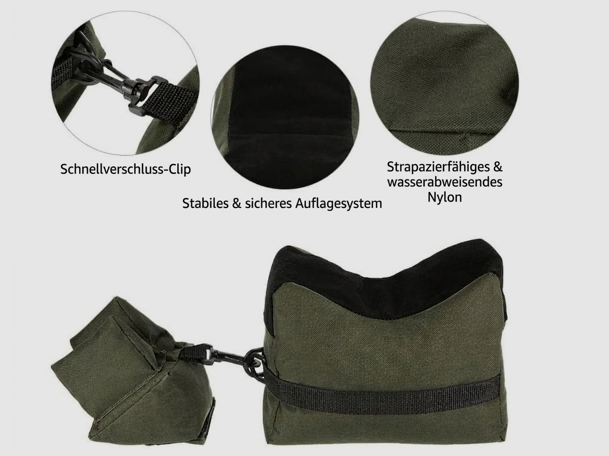 Schießsack SET Gewehr Auflagekissen Einschieß-Sack Vorne & Hinten mit Schnellverschluss-Clip