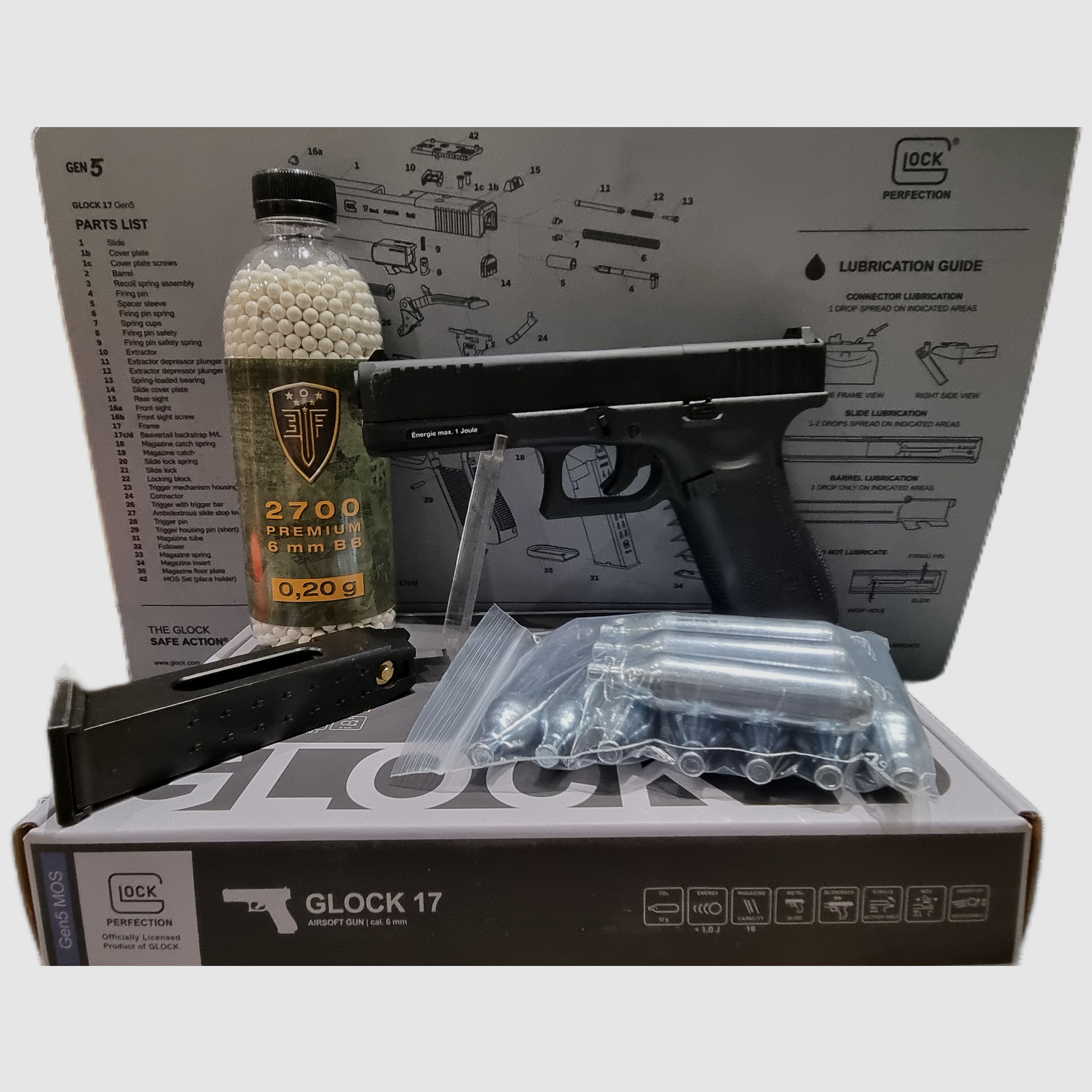 ENSEMBLE GLOCK 17 Gen 5 6 mm AIRSOFT + 12g CO2 + 2700 ELITE FORCE 0,2g BB, image 1 sur 2
