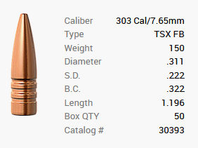 Proiettile Barnes .303/.311 150GR TSX FB 50 pezzi