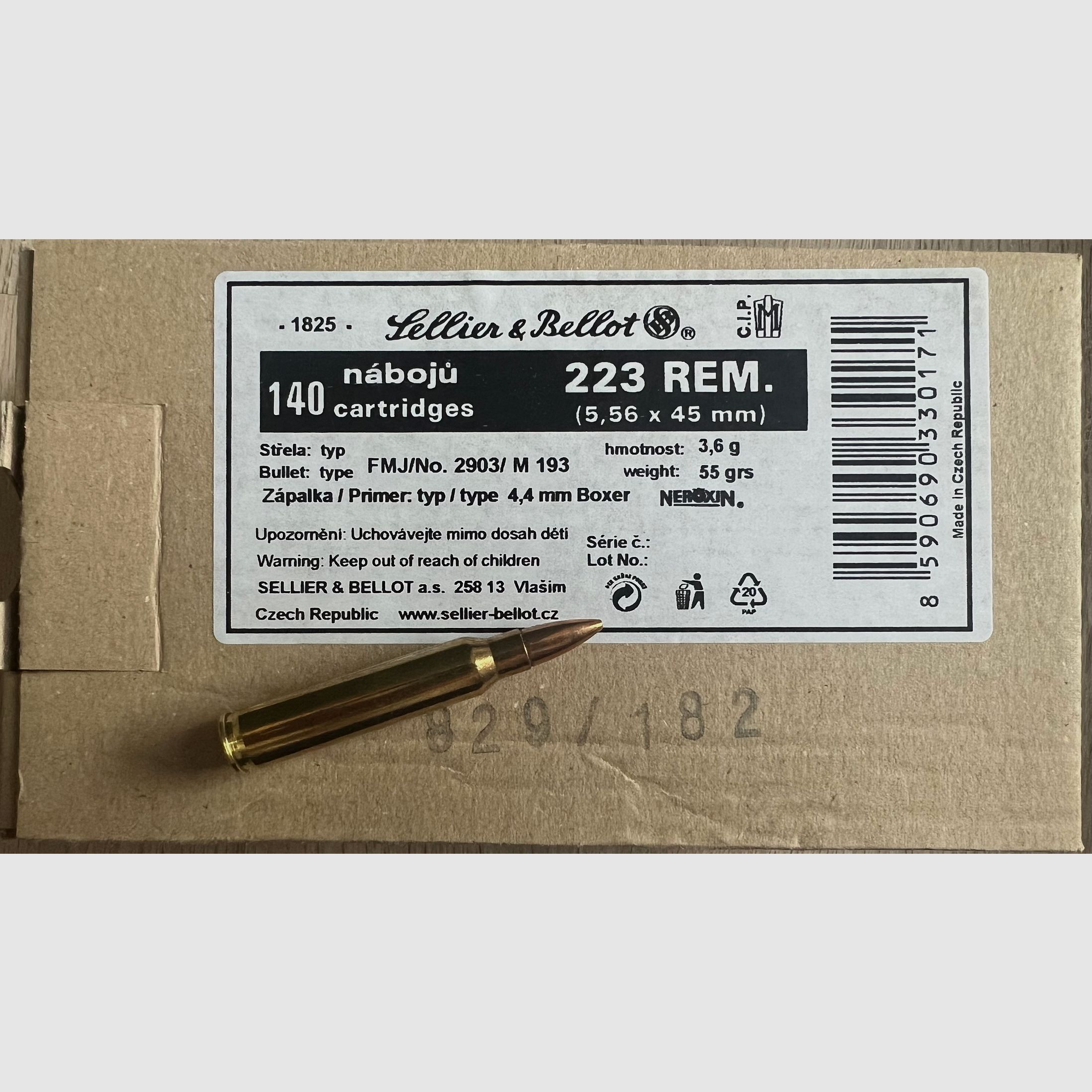 Sellier & Bellot .223 Rem 55 gr FMJ (M193) – 1120 cartouches – Neuf | 8 paquets disponibles