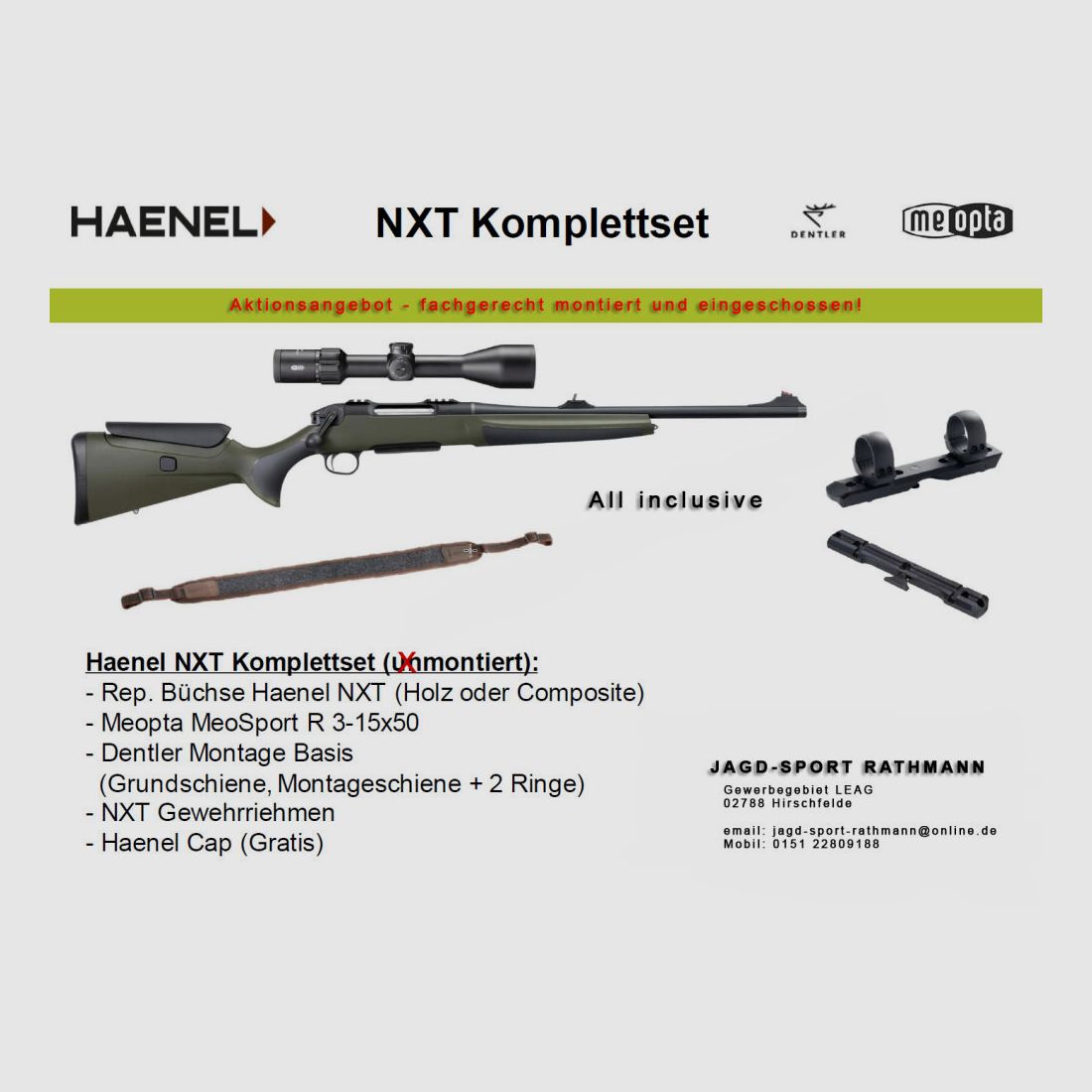 Aktionspaket HAENEL NXT COMPOSITE + Dentler + Meopta 3-15x50 mit HAENEL 5-Jahres Garantie!