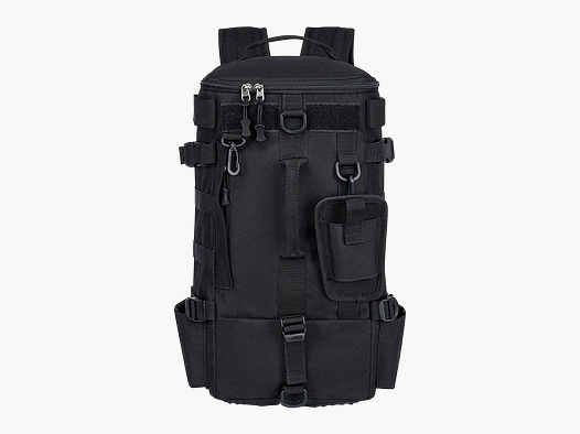 Angelrucksack mit Rutenhalter, taktischer Rucksack mit MOLLE und Fächern für Köderboxen (Schwarz / Einfarbig)