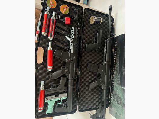 2× carabine à air comprimé (Colt M4 & SIG Sauer MPX) + pistolet CO₂ avec accessoires – 4,5 mm