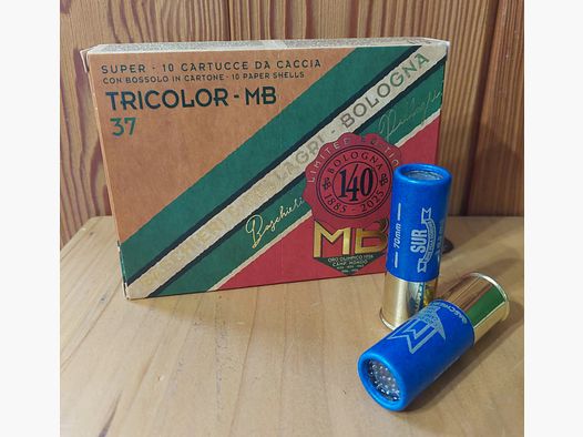 SHOTGUN SHELL MB TRICOLOR VINTAGE CAL 12 LEAD 5 AND LEAD 8