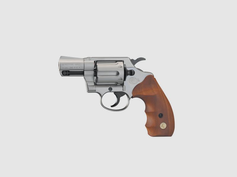 Colt Detective Special 9mm R.K. níquel, empuñaduras de madera de pistola de fogueo