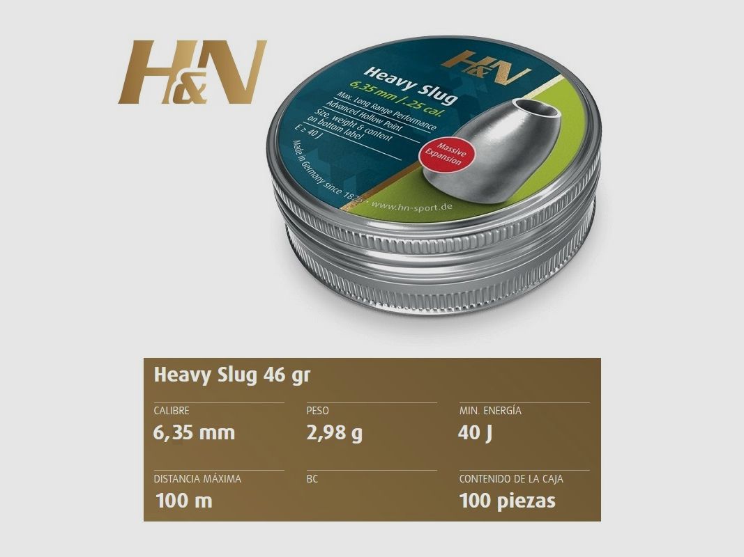 H&N Slug HP HEAVY cal. 6,35 mm /.250″ – Boîte de 100 plombs de 2,98 g.
