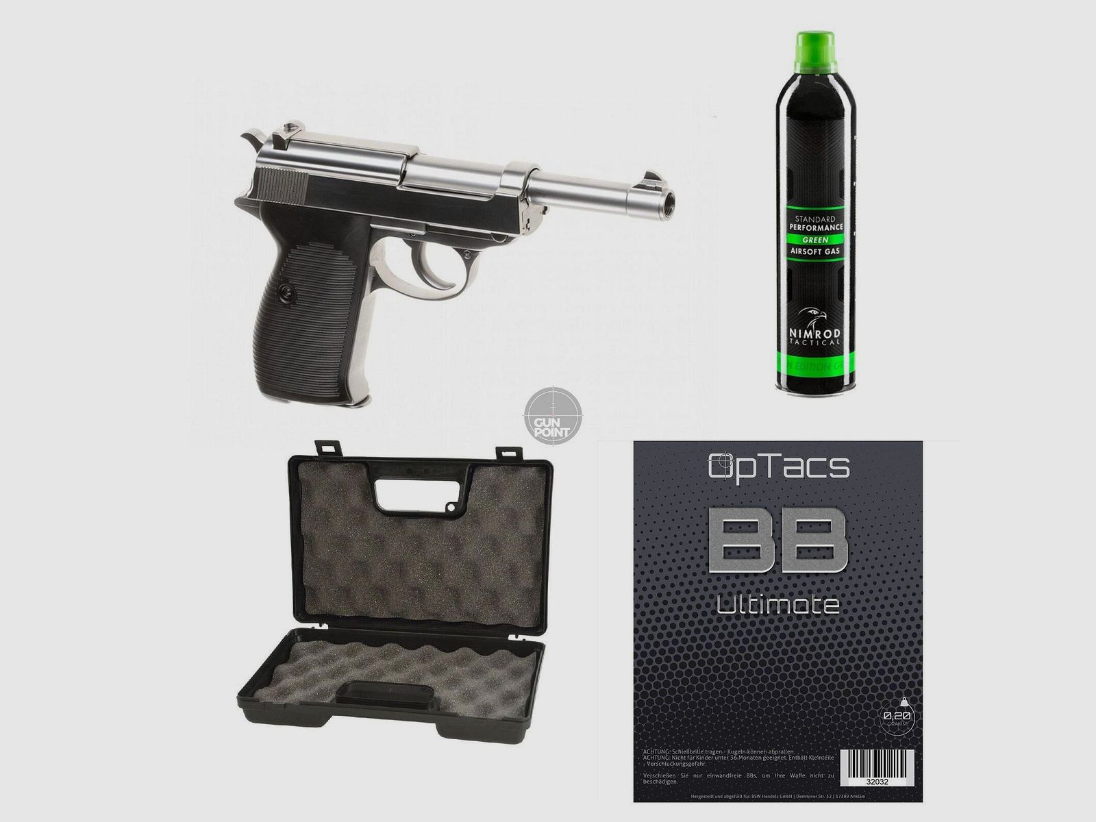 SET !!! Softair - Pistole - WE - P38 Full Metal GBB silver - ab 18, ber 0,5 Joule