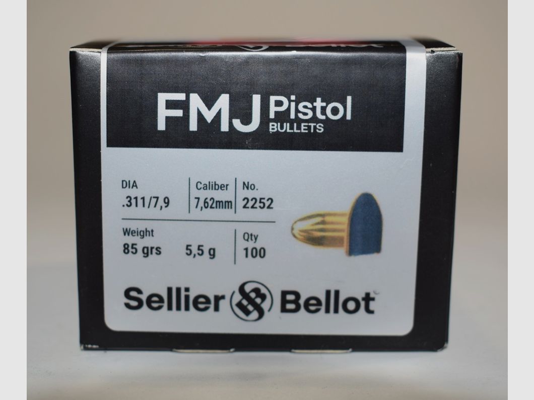 Box mit 100 Geschossen Sellier & Bellot Kal. 7,62 Tokarev FMJ 85 Grain Rundkopf