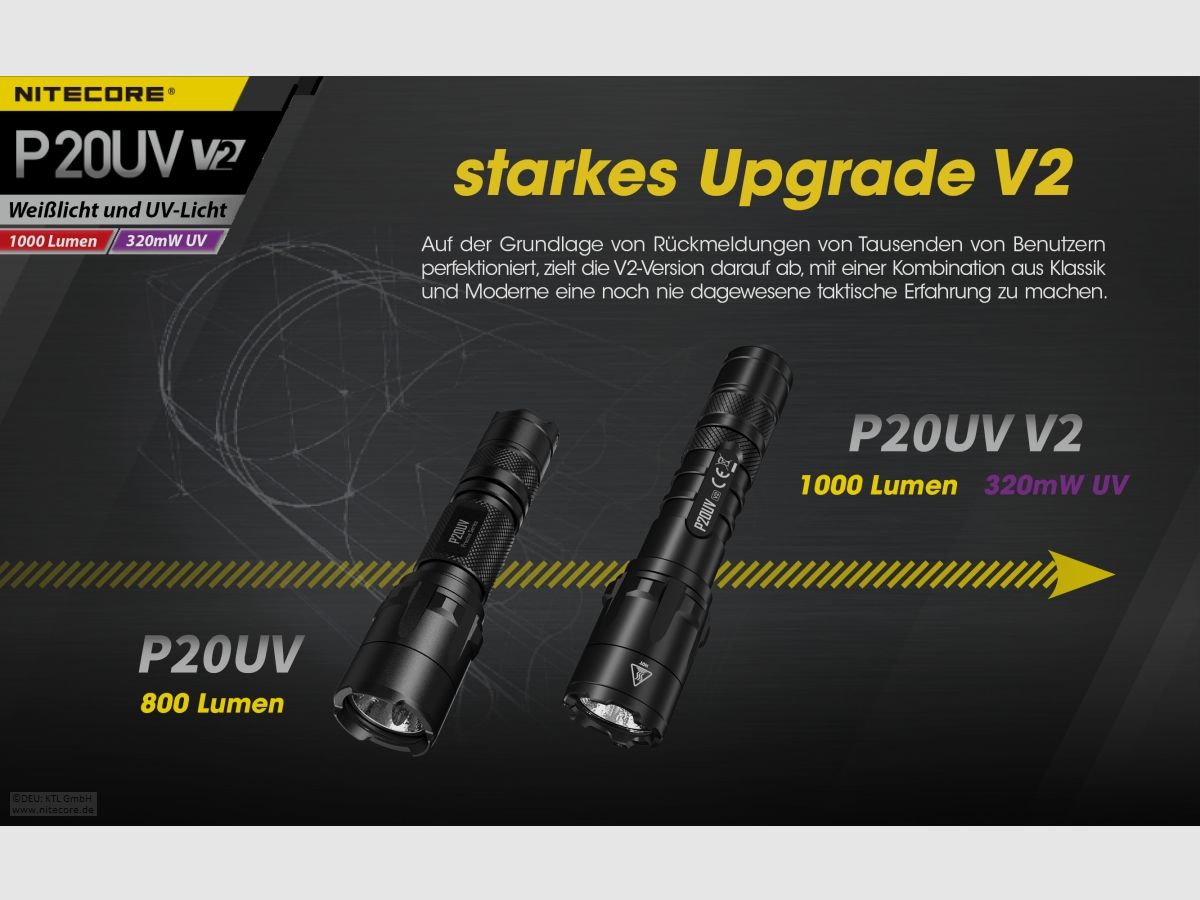 Nitecore P20UVV2 Taschenlampe P20UV V2 1000 Lumen UV Licht