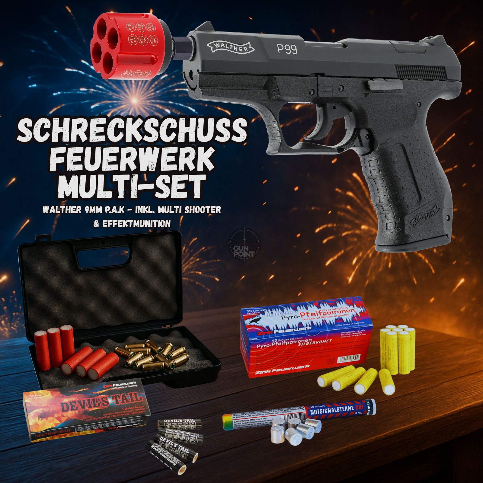 MULTI SET !!! Schreckschuss - Pistole - Walther P99 - 9 mm P.A.K. inkl. Koffer, Multi Shooter & 80 Schuss Effektmunition/ Feuerwerk