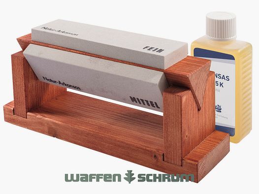 Holzblock mit drei Abziehsteinen